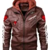 Rear view of a Brown cyberpunk 2077 jackie jacket. The back features a large white flaming Samurai logo, designed as a mens leather jacket punk Brown.