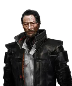 Close-up of a character wearing a tactical, high-collared black cyberpunk coat with white shirt and cybernetics. Search for other cyberpunk coats.