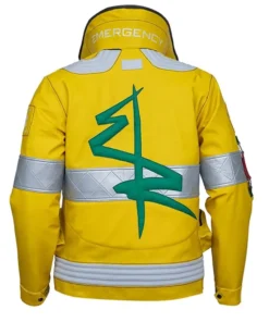 David Martinez cyberpunk jacket cosplay. A vibrant Cyberpunk 2077 David yellow bomber jacket with the "Emergency" collar text.