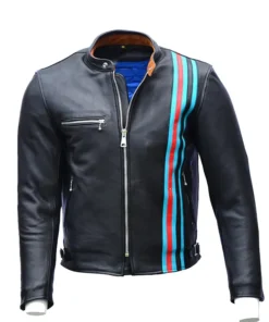 Profile shot of the tom hardy venom 2 black jacket. This is the classic Venom Leather Jacket style with zipper accents.