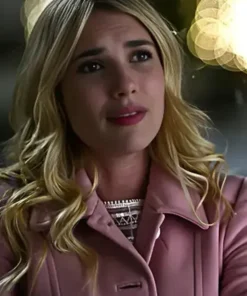 Emma Roberts in the About Fate pink coat. Close-up on Margot’s pink winter coat from the About Fate movie for fans.