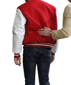 Rear view of the Jaafar Jackson Michael jacket. A classic red and white bomber-style Jaafar Jackson red varsity jacket.