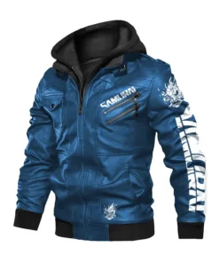 Front view of a blue hooded leather jacket cyberpunk. Includes a 'SAMURAI' chest logo, dragon shoulder art, and sleeve graphics. One of the best cyberpunk jackets.