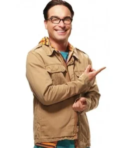 Leonard Hofstadter posing in the tan leonard big bang theory parka jacket with a blue and white striped hood.