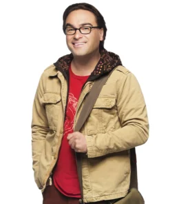 Leonard Hofstadter smiling and pointing while wearing his Big Bang Theory Leonard Jacket with a hood.