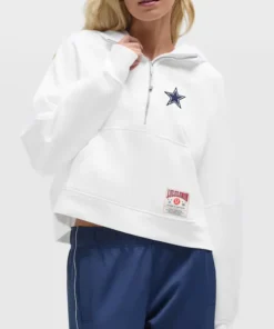 White lululemon x NFL oversized half zip hoodie for the Dallas Cowboys, featuring the star logo.