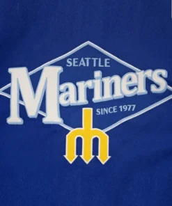 Close-up of the back logo on the mariners homestead royal jacket, showing 