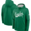 A product image featuring both the front and back views of the bright green Nike Philadelphia Eagles Rewind Club pullover hoodie side-by-side. The front view displays the "Eagles Philadelphia" script logo and small flying bird emblem.