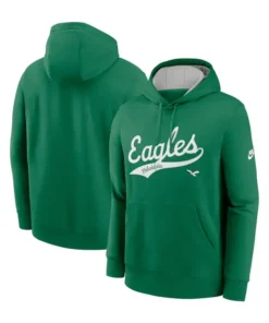 A product image featuring both the front and back views of the bright green Nike Philadelphia Eagles Rewind Club pullover hoodie side-by-side. The front view displays the 