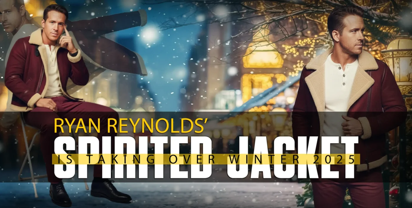 Ryan Reynolds wearing the Spirited red shearling jacket in a winter 2025 themed background
