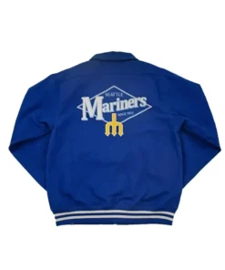 Back view of the seattle mariners homestead royal jacket. Features the large Seattle Mariners diamond logo.