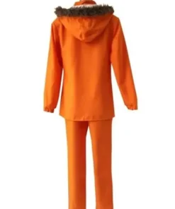 Closeup of South Park Kenny cosplay jacket collar with buckle and Vegan fur hood trim