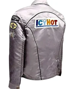 Back view of the shiny silver stuntman mike jacket, showing the 