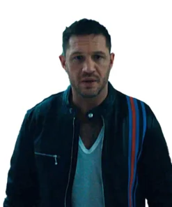 Full frontal view of the Venom 2 Eddie Brock Black Leather Jacket worn by Tom Hardy. A sleek black biker jacket.