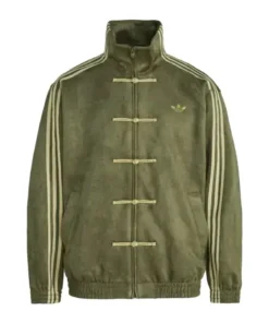 Studio shot of the CNY 2026 Green Adidas Jacket on a white background. This Green Chinese New Year Adidas Jacket 2026 has prominent 3-stripes on the arms.