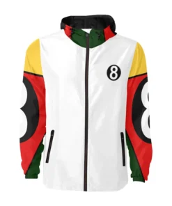 A vintage-style 8 ball jacket 90s edition with a built-in hood, bold primary colors, and iconic sleeve graphics.
