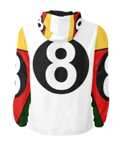 The rear view of a classic 8 ball jacket 90s style with a large centered logo and an attached hood.