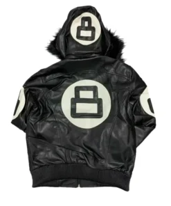 The back view of a David Puddy Black Leather Jacket showcasing the large centered 8-ball logo.