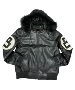 A front view of the David Puddy Black Leather Jacket featuring a heavy-duty zipper and bold sleeve decals.