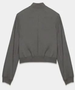 Back view of a charcoal gray bomber jacket with a stand collar, clean plain back, and ribbed hem.