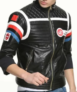 Black Party Poison jacket for concerts on a model. Gerard Way Killjoy costume jacket with stripes and the Dead Pegasus emblem.