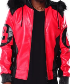 A high-angle view of a Red 8 Ball Hooded Leather Jacket featuring bold red sleeves and an integrated hood.