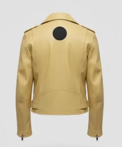 Back view of the replica yellow leather jacket highlighting the signature black circular patch on the upper back, adjustable waist belt, and cuff zippers.