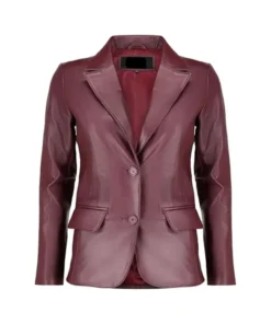Front view of burgundy leather blazer with notch lapels, two-button closure, and flap pockets