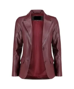 Front open burgundy leather blazer with notch lapels, two-button front, and flap pockets