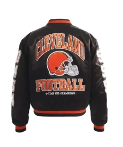 Back of a dark brown Cleveland Browns satin bomber jacket with "CLEVELAND FOOTBALL," a helmet logo, and "4-TIME NFL CHAMPIONS."