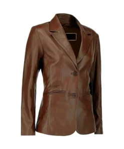 Angled view of dark brown leather blazer with notch lapels, two-button closure, and welt pockets