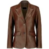 Front view of dark brown leather blazer with notch lapels, two-button closure, and pocket flaps