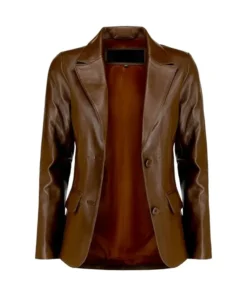 Front open dark brown leather blazer showing inner lining, notch lapels, and two-button front