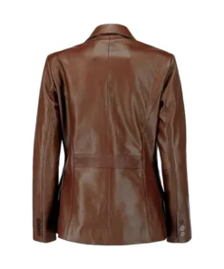 Back view of dark brown leather blazer showing center seam, shaped panels, and cuff buttons