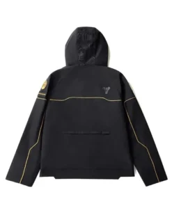 Back view of the black Destiny 2 The Final Shape Edge Raid jacket with gold piping, on a white background. Salvation’s Edge Jacket.