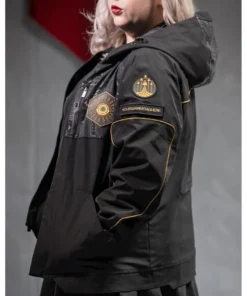 Side view of a person wearing the Destiny 2 Salvation's Edge Raid Jacket with the gold/black patch visible. Final Shape Jacket.