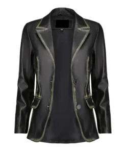Front open distressed black leather blazer with notch lapels, contrast edge detailing, and flap pockets