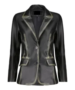 Front view of distressed black leather blazer with two-button closure, notch lapels, and flap pockets