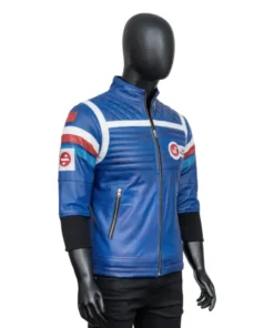 Side view of Gerard Way Party Poison blue jacket on a mannequin. My Chemical Romance blue cosplay jacket with striped arm detail.