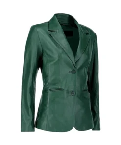 Side angle of Green Leather Blazer with two-button front and slim fit.