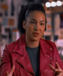 Front view of the gina high school musical pink jacket featuring sleek zippers and a soft lining.