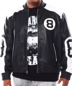 The front profile of a black and white leather 8-ball jacket with a heavy-duty zipper and bold sleeve decals.