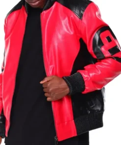 A premium Red 8 Ball Hooded Leather Jacket with high-contrast color blocking and a comfortable leather hood.