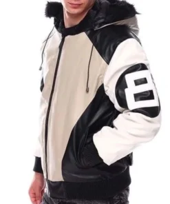 A premium 8 Ball Sand Bomber Leather Jacket in a tan hue with iconic black and white 8-ball graphics.