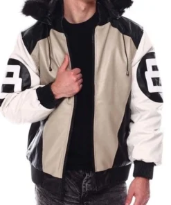 A front view of the 8 Ball Sand Bomber Leather Jacket in a tan colorway with a polished zipper and sleeve graphics.