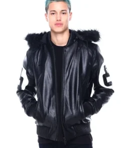 A sleek 8 Ball Real Leather Hooded Jacket in black with contrasting white circular decals and a built-in hood.