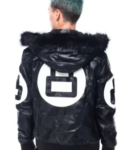 The rear view of an 8 Ball Real Leather Hooded Jacket in black with a large white 8-ball graphic.