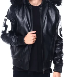 A front view of the 8 Ball Real Leather Hooded Jacket in black with a polished zipper and hood.