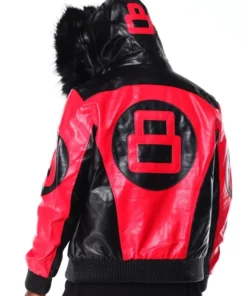 The rear view of a Red 8 Ball Hooded Leather Jacket with a large white 8-ball logo and a black leather hood.