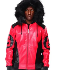 A front view of the Red 8 Ball Hooded Leather Jacket in black and red with a sturdy zipper and sleeve decals.